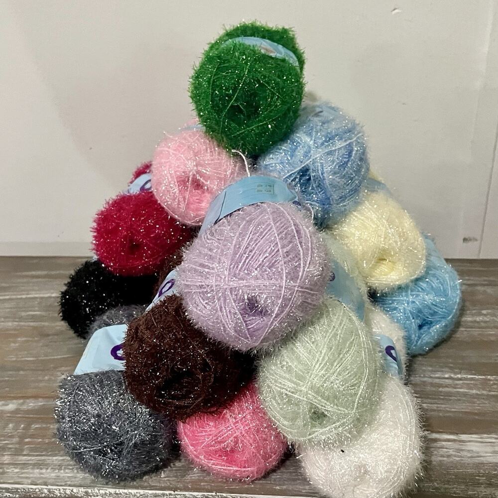 Lot of 19 Scrubby Sparkle Eyelash Yarn 50g Skeins Assorted Colors 100% Polyester